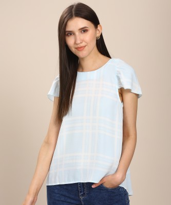 VERO MODA Casual Short Sleeve Checkered Women Blue Top