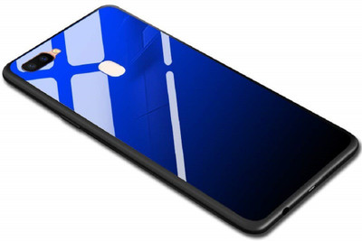 RKMG Book Cover for A7x, Oppo F9, OPPO F9 Pro | Luxurious Toughened Glass Back Case Shock Proof TPU Bumper Back Case(Blue, Black, 3D Case)