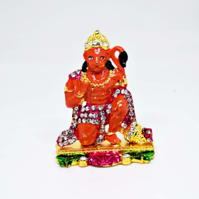 RUDRA DIVINE Hanuman Statue For Car Dashboard / American Diamond Stone Decorative Showpiece  -  7 cm(Brass, Orange)