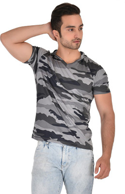Orzel Printed Men Hooded Neck Grey T-Shirt