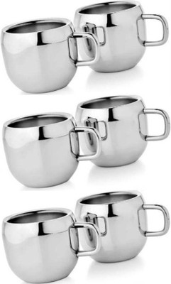 SAM Pack of 6 Stainless Steel 5 Double Walled Coffee Tea Cup Mug 6 Pcs Set(Silver, Cup Set)