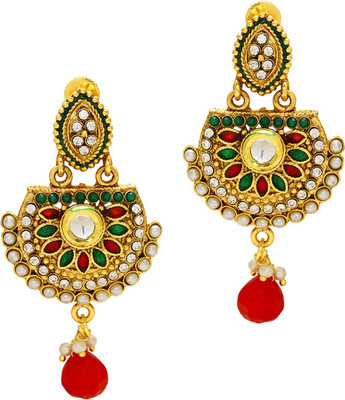 Dzinetrendz Gold plated CZ pearls Kundan Meenakari, Red Drops Chanbali hoop jhumki Earrings for Women Pearl Brass Jhumki Earring Cubic Zirconia Brass Jhumki Earring