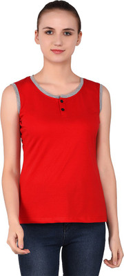 tfurnish Self Design Women Henley Neck Red T-Shirt