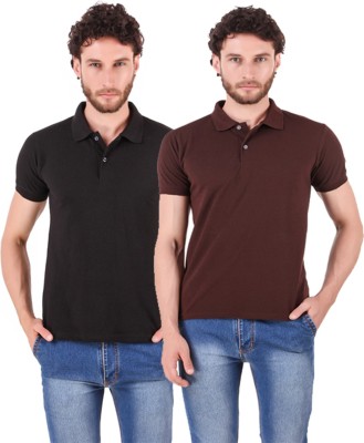 UNIYALS Solid Men Polo Neck Brown, Black T-Shirt