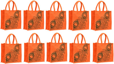 

AGGDA Peacock feather printed Jute Gift Bags for Birthdays(Pack of 10) Waterproof Multipurpose Bag(Orange, 16 L)