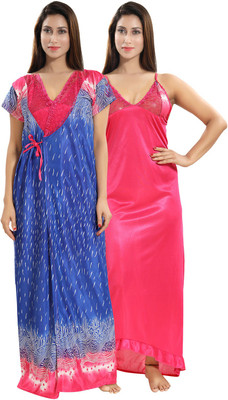 Lovira Women Nighty with Robe(Blue, Pink)