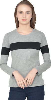 Lawful Casual Striped Women Round Neck Black, Grey T-Shirt