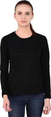 Money Leaf Solid Women Round Neck Black T-Shirt