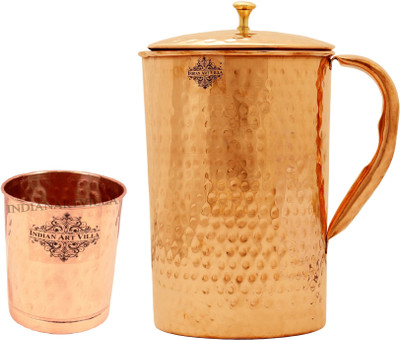 IndianArtVilla Copper Hammered Set of 1 Jug Pitcher 2100 ML with 1 Glass Tumbler 300 ML - Storage Drinking Water Home Hotel Restaurant Jug Glass Set(Copper)