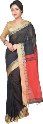 Purabi Solid/Plain Tant Cotton Linen Saree(Pack of 2, Black)
