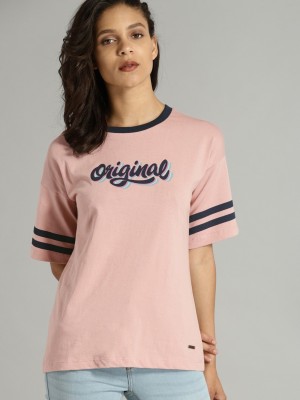 Roadster Printed, Striped Women Round Neck Pink T-Shirt
