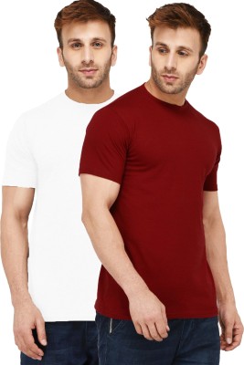 Kroptee Solid Men Round Neck White, Maroon T-Shirt