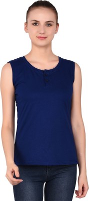 Money Leaf Solid Women Henley Neck Blue T-Shirt