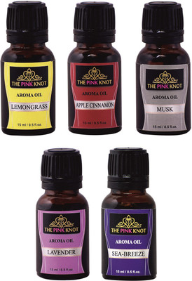 THE PINK KNOT Set of 5 tasteful aroma diffuser oil 15ml each - Lemongrass , Applecinnamon , Musk , Lavender , Sea breeze Aroma Oil Set of 5 intricate diffuser oil 15ml each(5 x 15 ml)