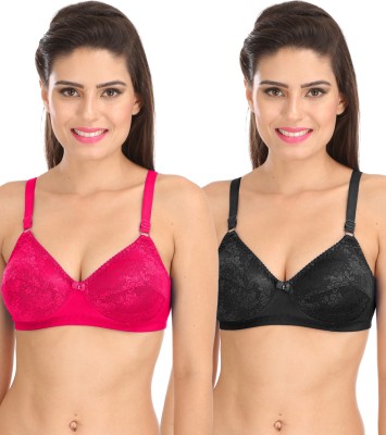 SONA Sona Salsa L007 Women'S T-Shirt Full Coverage Lace Non-Padded Non-Wire Bra For Women Pack of 2 Women T-Shirt Non Padded Bra(Pink, Black)