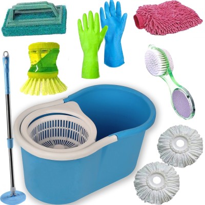 V-MOP Combo Magic Dry Bucket Mop - 360 Degree Self Spin Mop Set, Mop, Bucket, Duster, Broom, Cleaning Wipe
