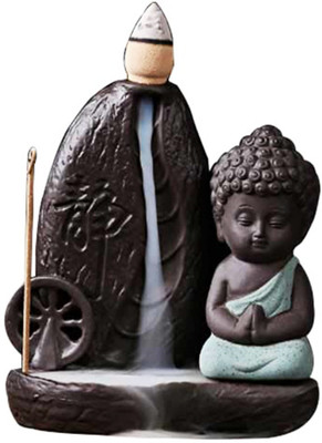 Jiyansh Creation Statue of Baby Monk Smoke Backflow Cone Incense Holder With 10 Incense Cones Decorative Showpiece  -  12 cm(Polyresin, Multicolor)