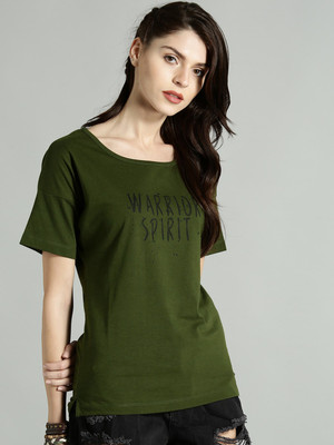 Roadster Printed Women Round Neck Green T-Shirt