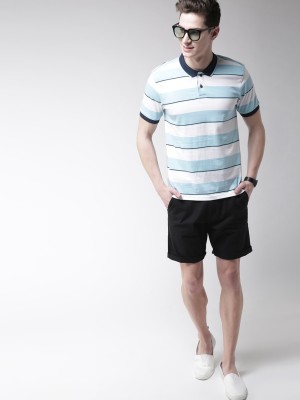 Mast & Harbour Striped Men Polo Neck Light Blue, White T-Shirt