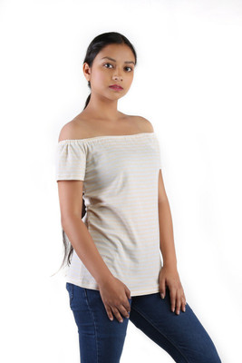 Leean Patterns Casual Regular Sleeve Striped Women White Top