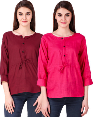 Fit N Fine Casual Cuffed Sleeve Self Design Women Multicolor Top