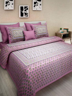 Hari Om Prints 144 TC Cotton King Jaipuri Prints Flat Bedsheet(Pack of 1, Pink,white)
