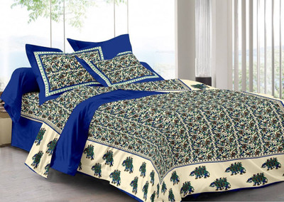 E ELMA 250 TC Cotton Double Abstract Flat Bedsheet(Pack of 1, Blue)