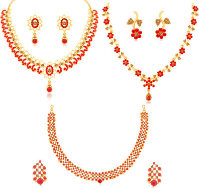 Sukkhi Alloy Gold-plated Red, Brown Jewellery Set(Pack of 3)