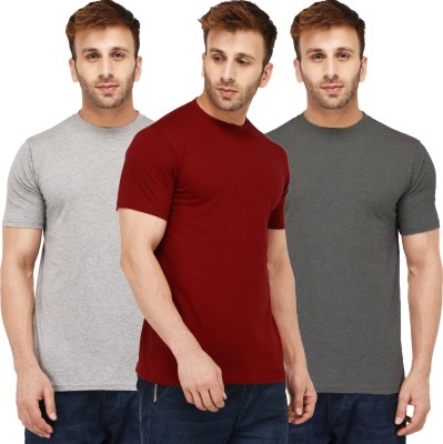 New Trends Collection Self Design, Solid Men Round Neck Maroon, Grey T-Shirt