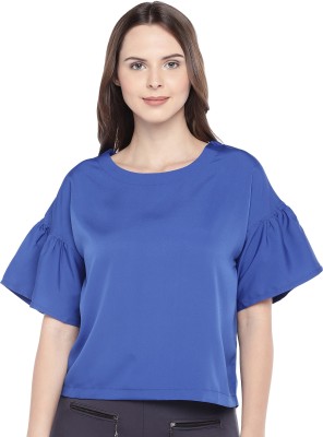 Globus Casual Bell Sleeve Solid Women Blue Top