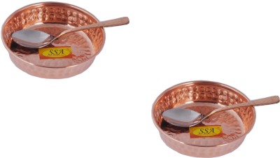 Shivshakti Arts Copper Dessert Bowl Handmade Pure Copper Hammered Design Katori Pudding Plate With spoon Homeware Volume -100 ml each ::Set Of 2(Pack of 2, Brown)