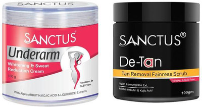 

SANCTUS Underarm Whitening & Sweat Reduction Cream AND D-TAN Tan Removal Fairness Scrub Combo (100gm + 100gm)(Set of 2)