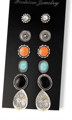 Shining Diva Oxidized Silver Stylish Fancy Party Wear Studs Earrings(6 pair) Crystal Alloy Stud Earring