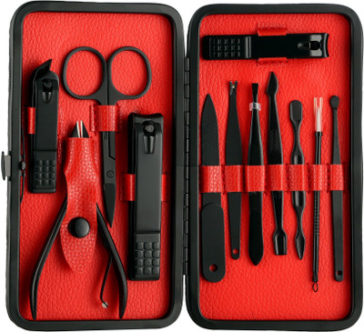 

Foolzy Manicure Set Nail Clippers Stainless Steel Nail Scissors with Peeling and Cleaning Knife, Acne Needle, Blackhead Tool Leather Travel Case(12 g, Set of 12)