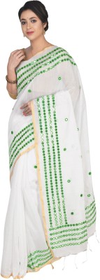 AAHELEE Embellished Bollywood Cotton Linen, Pure Cotton Saree(White)