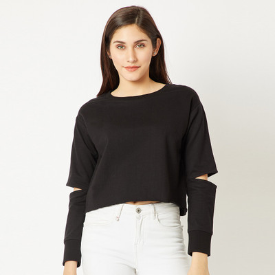 Miss Chase Casual Cutout Sleeve Solid Women Black Top