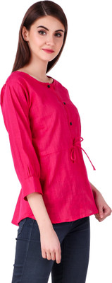 Fit N Fine Casual Cuffed Sleeve Solid Women Pink Top