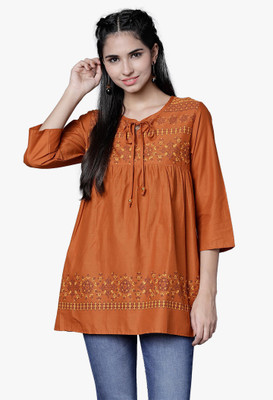 Tokyo Talkies Casual Regular Sleeve Printed Women Brown Top