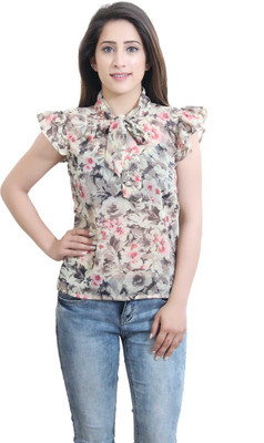 CRAZEVILLA Casual Flutter Sleeve Printed Women Beige Top