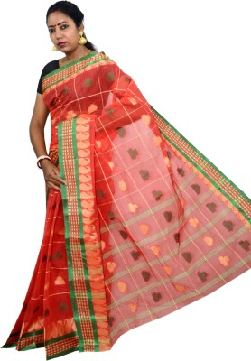 PuJoy Woven, Checkered Tant Pure Cotton Saree(Red)