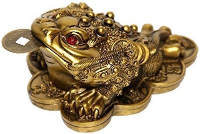 MKINDIACRAFT Feng Shui Money Frog Hold Two Ignots on a Pile of Money Decorative Showpiece  -  6 cm(Polyresin, Gold)