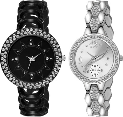 VeBNoR Black and Silver Imitation Diamond Jewellery Analog Watch - For Girls