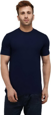 Tap in Solid Men Round Neck Dark Blue T-Shirt