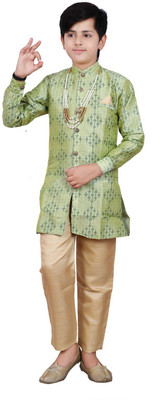 Fourfolds Boys Festive & Party Kurta and Pyjama Set(Green Pack of 1)