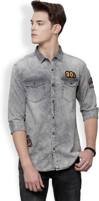 LOCOMOTIVE Men Washed Casual Grey Shirt