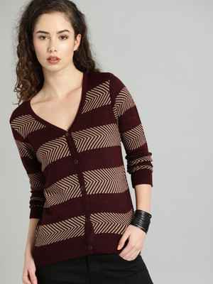 Roadster Striped V Neck Casual Women Maroon Sweater