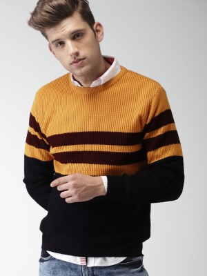 HARVARD Striped Round Neck Casual Men Yellow Sweater