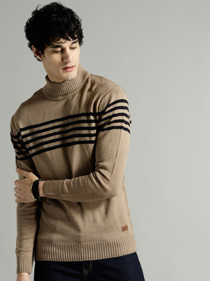 Roadster Striped High Neck Casual Men Beige Sweater