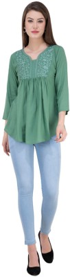 SAAKAA Casual Regular Sleeve Embroidered Women Light Green Top