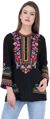 SAAKAA Casual Regular Sleeve Embroidered Women Black Top